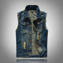 Colete jeans casual masculino, jaqueta slim de viagem com buraco azul plus size 2024 - compre barato