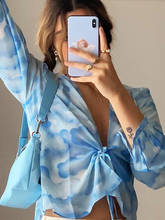 Tossy blusa feminina estampada floral com decote em v, blusa casual, férias, tintura para mulheres, mini chiffon, crop top, babados, roupas de festa 2024 - compre barato