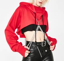 Sudadera corta con capucha para mujer, ropa de calle Sexy de color negro y rojo, estilo gótico Punk, jersey de retales con cadena suelta, Top con capucha 2024 - compra barato