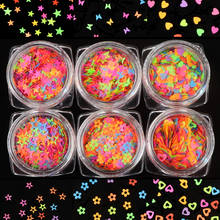 Set de 6 cajas fluorescentes para decoración de uñas, copos de purpurina, lentejuelas 3D, forma de mariposa, corazón, estrella, flor, Noen 2024 - compra barato