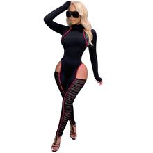 Macacão sexy preto para mulheres, roupa de balada, macacão feminino de manga comprida, malha de retalhos, com costuras, bodycon, para festa, 2020 2024 - compre barato