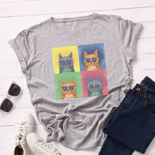 Camisetas de algodón de manga corta para mujer, Camisetas estampadas con gato con gafas, camisetas de verano para mujer, ropa informal de gran tamaño 2024 - compra barato