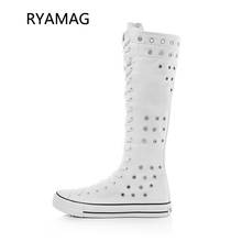 Ryamag 2022 New Women's Canvas Boots Long Boots Hollow Out Shoes Flats Casual High Vent Zipper Comfortable Vulcanize Sneakers 2024 - buy cheap