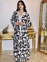 Женское этническое длинное арабское платье свободного кроя с принтом, мусульманская мода, плетеная отделка, Дубай, кафтан, марокканская Jelleba, праздничный Рамадан, черный 2024 - купить недорого