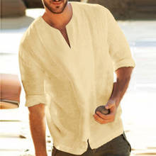 Camiseta informal de manga larga con cuello en V para hombre, blusa holgada de lino y algodón con dobladillo cortado, camisa masculina informal 2024 - compra barato