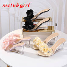 Mclubgirl salto alto feminino, sapato versátil de verão, flores, plataforma transparente simples de inclinação, sandálias femininas 2024 - compre barato