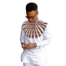Camisas masculinas estampadas africanas, camisas de alta qualidade, manga longa, patchwork em branco/cera, gola redonda, roupas africanas personalizadas 2024 - compre barato