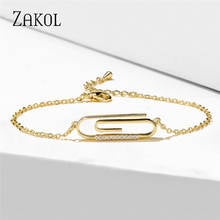 ZAKOL-pulsera sencilla de Zirconia cúbica para mujer y niña, brazalete de eslabones con forma de Clip de papel, Color dorado, regalo de joyería para fiesta 2024 - compra barato