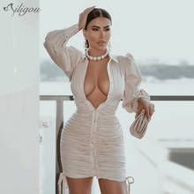 Ailigou Elegant White Shirt Women 2021 Summer Casual Office Pleated Design Mini Long Sleeve Pleated V-Neck Sexy Party Dress 2024 - buy cheap