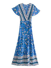 Boho  Summer Vintage Floral Print Wrap Long sundress Women Fashion V Neck Bow Tie Sashes Maxi Beach Dress 2024 - buy cheap