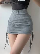 Mini lazo de cintura alta de algodón para mujer, Falda de tubo elástica corta con cordón de Color sólido, falda gris, Q2, novedad de verano 2020 2024 - compra barato