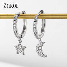 ZAKOL Fashion Shiny Cubic Zircon Gold Color Moon & Star Shape Hoop Earrings for Women Girls Cute Jewelry Gift  New 2024 - buy cheap