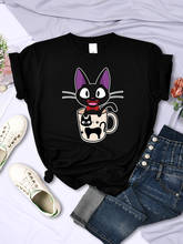 Bonito teacup gato criativo impressão feminina camiseta marca de moda t camisa 2021 manga curta topos primavera verão das mulheres camiseta 2024 - compre barato