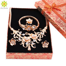 Conjuntos de jóias para mulheres colar brincos de flor pulseira anel de ouro cor cristal conjuntos de jóias + caixas de presente 2024 - compre barato