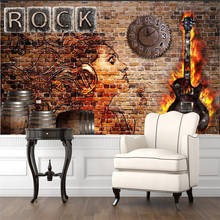 Papel de parede europeu retrô nostálgico, papel de parede de rock com chama e guitarra 3d para decoração industrial, mural de fundo 3d 2024 - compre barato