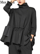 Max lulu camiseta feminina vintage, camiseta preta gola alta algodão casual feminina manga longa 2024 - compre barato