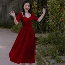 Женское бархатное платье с длинным рукавом, винно-красное элегантное платье большого размера в стиле ретро, пикантное дамское вечернее платье, хлопковое платье, платья-миди 2024 - купить недорого
