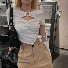 High Street Short Sleeve T-shirt Women Harajuku Summer Hollow Out Slim Design Ins Korean Style Above Navel Cropped Top All-match 2024 - compre barato