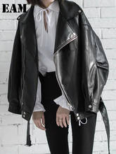 [EAM] High Quality 2021 Spring Black PU Leather Loose Turn-down Collar Zipper Fashion New Women's Wild Jacket LA938 2024 - купить недорого