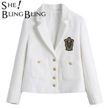 SheBlingBling Vintage College Style Women WhiteTweed Jacket Single-breasted Pocket Female Uniform Coat Casaco Femme Urban 2024 - buy cheap