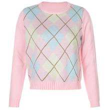 Women Long Sleeve Pink Sweater Crew Neck Argyle Plaid Knitted Loose Jumper Tops 2024 - buy cheap