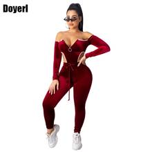 Velvet Sexy 2 Piece Set Women Fall Off Shoulder Bodysuit Top and Drawstring Pants Tracksuit Women Matching Two Piece Set Outfits 2024 - buy cheap