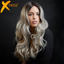 X-TRESS-Peluca de cabello sintético para mujeres negras, cabellera de longitud media con malla frontal, Color gris degradado, onda Natural, Color negro, verde, resistente al calor 2024 - compra barato