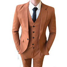 2022 New Men's High End Fashion Stripe Slim Fit Suit Coat Pants Groom Married Fashion Male Blazer Jacket Trousers Vest 3 Pcs Set 2024 - buy cheap