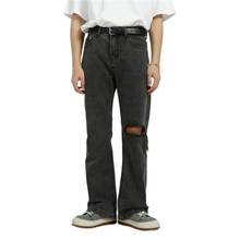 Frete grátis calça jeans masculina cinza casual primavera outono rasgado perna reta calça cano médio 2021 2024 - compre barato