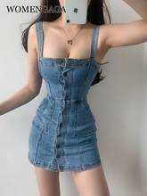 2020 Summer Sexy Low-Chest Blue Slash Neck Denim Elastic Slim Backless High Waist Straps Mini Dress Girl Female W889 2024 - buy cheap