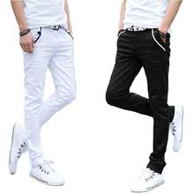Calça comprida masculina, calça casual fina elástica para verão 2020, calça jeans slim preta e branca coreana de estudante, atacado 2024 - compre barato