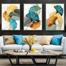 Nórdico ginkgo folha abstrata poster impressão em tela ouro azul amarelo pintura da arte da parede imagem contemporânea sala de estar decoração 2024 - compre barato