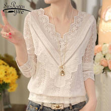 2022 Lace Shirt Long Sleeve Fashion Women Blouse Spring and Autumn Korean See-Through V Neck Slim Blouse with Lace Female 63C 2024 - buy cheap