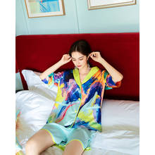 Original Fantasy Ocean 2021 New Ice Silk Pajamas Suit Summer Thin Two-piece Home Service Short-sleeved Shorts Pajama Set Women 2024 - buy cheap