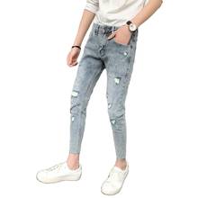 Summer 2022 Fashion Casual Denim Jeans Men's Ripped Holeankle Length Pants Korean Trendy Feet Jeans Men's Slim Wild Beggar Pants 2024 - buy cheap