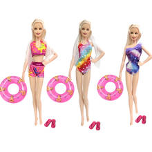 Nk conjunto de 3 biquínis para barbie, roupas de banho para biquíni, top + shorts + xale, praia, acessórios de boneca e brinquedos de bebê 7x 2024 - compre barato