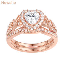 Newshe-Conjunto de anillos de boda para mujer, de Plata de Ley 925 de Color oro rosa, con forma de corazón AAAAA, joyería romántica de circón, conjunto de novia 2024 - compra barato