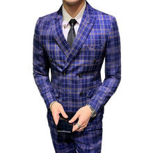 Новый мужской Модный повседневный облегающий костюм/мужской Клетчатый Комплект из трех предметов двубортный деловой блейзер для жениха пиджак брюки Vets 2024 - купить недорого