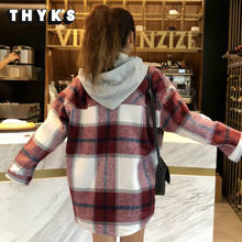 Jaqueta xadrez vintage para mulheres, casaco de mistura de lã com capuz, estilo coreano, camisa de grandes dimensões, para mulheres, blusa chique, 2020 2024 - compre barato