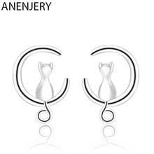 Pendientes de plata de ley 925 con forma de gato en la Luna, joyería con forma de gato en la Luna, CuteAnimal, regalos para mujeres y niñas, S-E123 al por mayor 2024 - compra barato