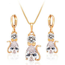 Cute Yellow Gold Color Kitty Cat CZ Pendant Necklace Drop Earrings Jewelry Sets For Women Children Kids Girls Gifts Bisuteria 2024 - buy cheap