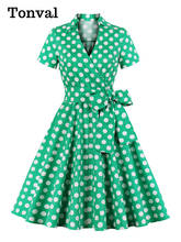 Tonval Green Surplice Neck Wrap Belted Vintage Robes Polka Dot Elegant Dress Women Short Sleeve Summer Pin Up Midi Dresses 2024 - buy cheap