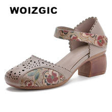 WOIZGIC Women Female Ladies Mother Genuine Leather Shoes Sandals High Heel Summer Cool Beach Hollow Flowers 35-41 YB-8889 2024 - buy cheap