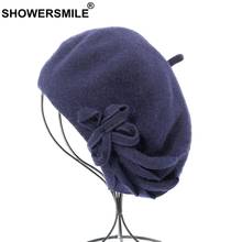 SHOWERSMILE-boinas de lana para mujer, gorro de artista liso de color azul marino, con lazo, de estilo pintor, elegante, francés, para Otoño e Invierno 2024 - compra barato