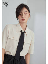 FSLE Black White Tooling Chiffon Shirt Women Summer Short-sleeved Professional Wear Streamer Blouses Office Shirts Women 2024 - buy cheap