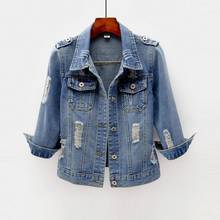 Spring New Half Sleeved Denim Coat V-neck 2022 Turn-down Collar Short Solid Blue Pocket Female Jacket Outwear Coat Tops 2024 - buy cheap