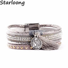 New multi-layer grey PU leather bracelet rhinestone beads tassels alloy pendant magnetic clasp women wrap bijoux Bracelet bangle 2024 - buy cheap