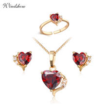 Yellow Gold Color Small Red Love Peach Heart Cubic Zirconia Pendant Necklace Stud Earrings Ring Jewelry Sets for Girls Kids 16" 2024 - buy cheap