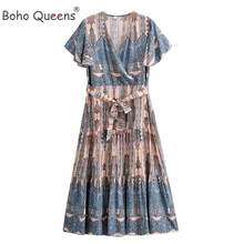 Женское богемное мини-платье с цветочным принтом, V-образным вырезом и поясом 2024 - купить недорого