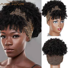 AISI HAIR Synthetic Headband Wigs Short Black Kinky Curly Wig with Bangs Afro Puff Wigs for Women Silver Turban Head Wrap Wig 2024 - купить недорого